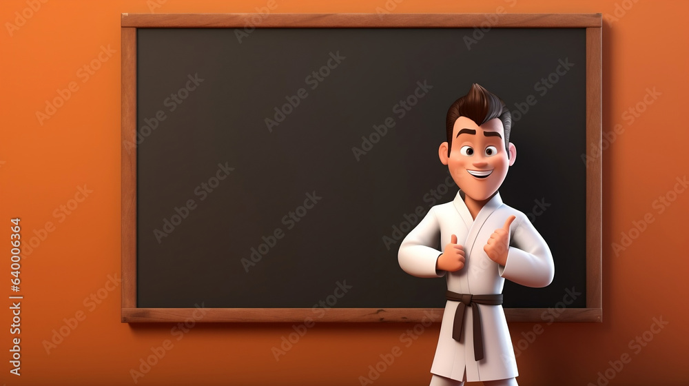 Karate sensei character with blackboard, chalkboard isolated background with copy space, 3D rendering