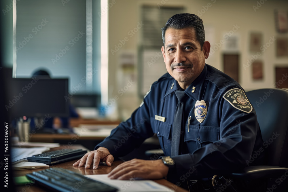 Police officer or cop, man in blue uniform working at office near computer. Generative AI