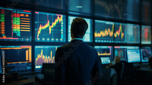 businessman working with computer in office, financial graph and forex chart