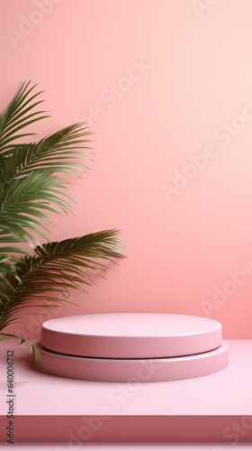 Wooden podium for the display of cosmetic products with tropical leaves. pink advertising background for the product.