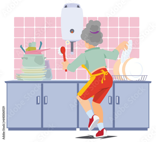 Girl washes dishes. Illustration for internet and mobile website.
