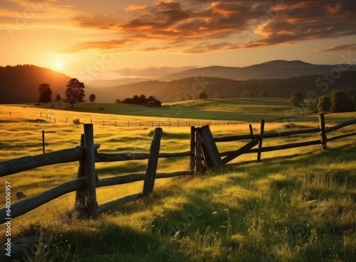 A rural landscape adorned with fields of verdant grass, harmonizing with the hues of a setting sun in the background.