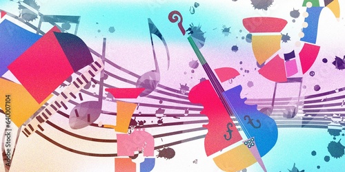 Modern music poster with abstract and minimalistic musical instruments assembled from colorful geometric forms and shapes. Vibrant violoncello, saxophone, trumpet and piano with musical notes staff	