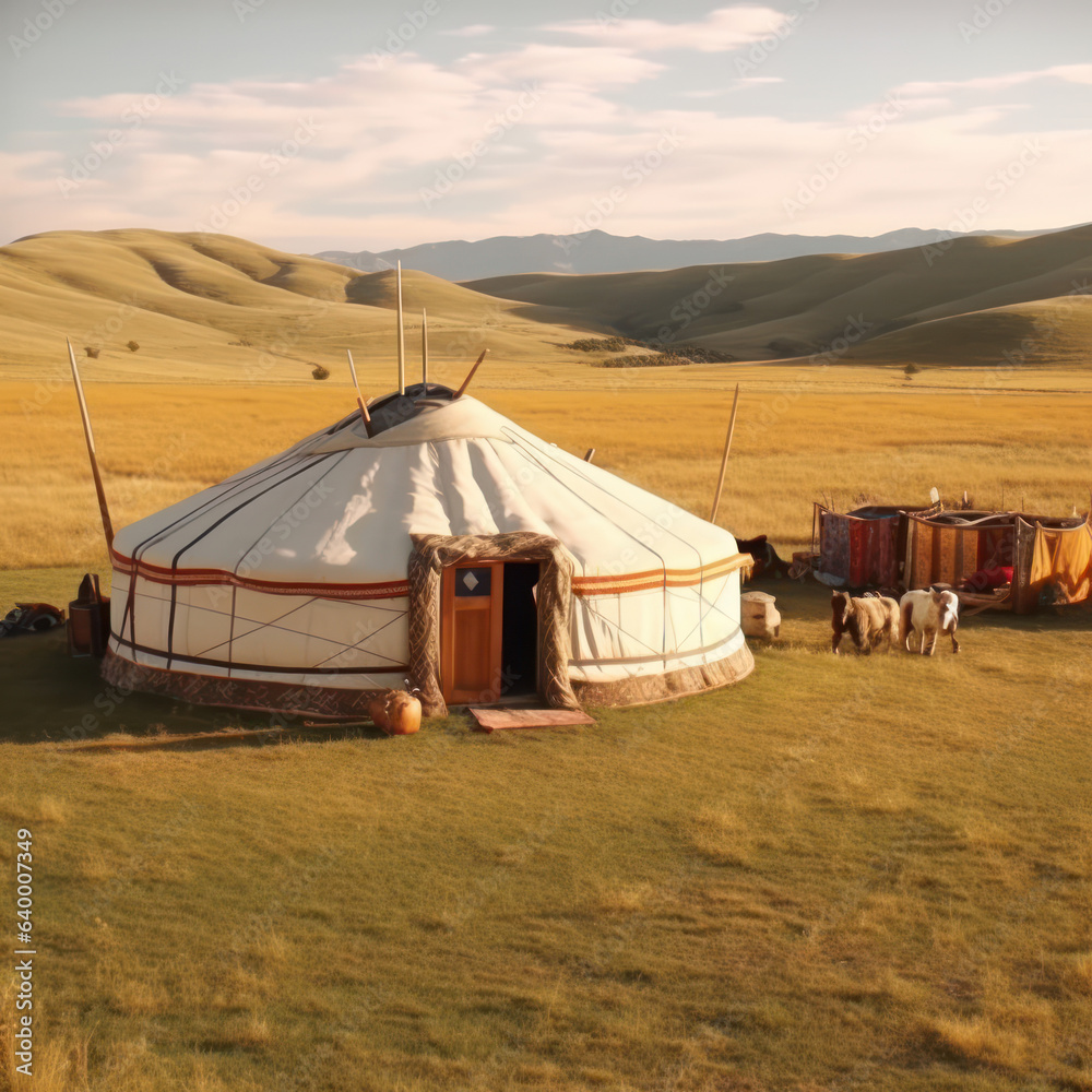  yurt on a grassland nomadic and colorful with felt
