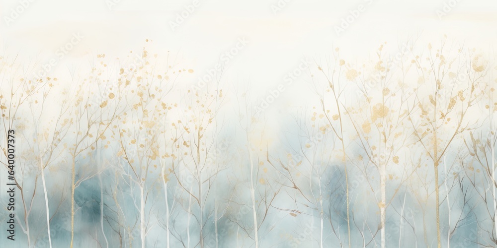 Misty mood in the winter forest. Gold, grey, brown beige, pale blue and green ink trees illustration. Romantic and mourning landscape for seasonal or condolence greetings. - obrazy, fototapety, plakaty 