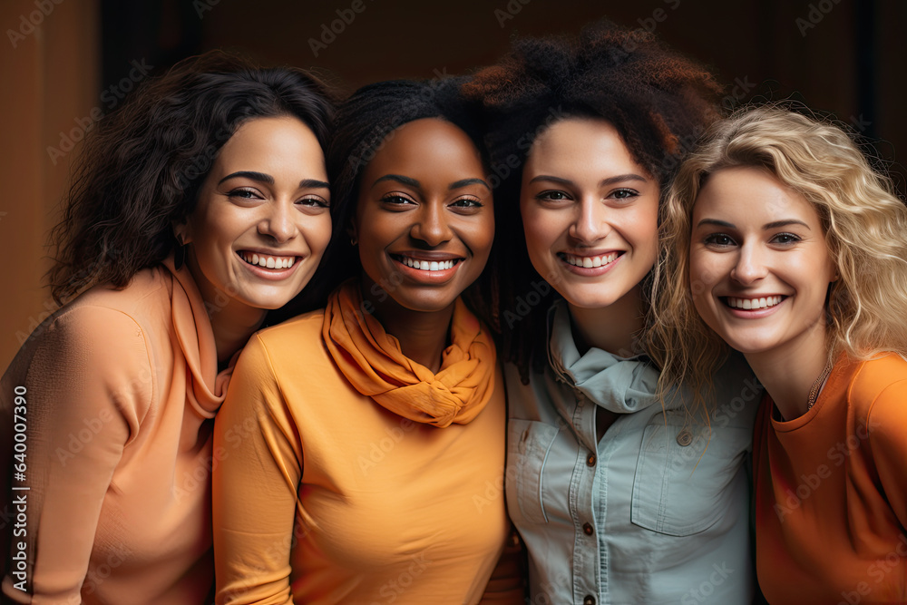 Group of multinational carefree female girlfriends looks into the camera with smiles Group of multinational carefree female girlfriends looks into the camera with smiles