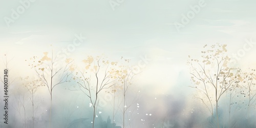 Misty mood in the winter forest. Gold, grey, brown beige, pale blue and green ink trees illustration. Romantic and mourning landscape for seasonal or condolence greetings.