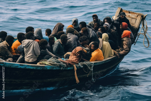Fotografia Refugees in a boat (AI Generated)