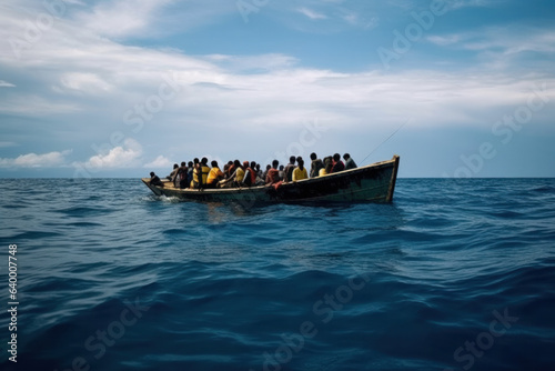 Refugees in a boat (AI Generated)  photo