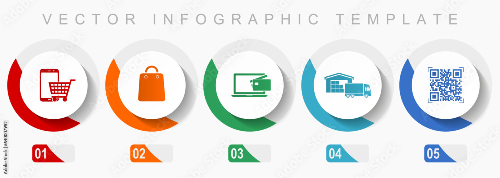 Online store icon set, miscellaneous icons such as smartphone, cart, bag, delivery and qr code, flat design vector infographic template, web buttons in 5 color options Online store icon set, miscellaneous icons such as smartphone, cart, bag, delivery and qr code, flat design vector infographic template, web buttons in 5 color options