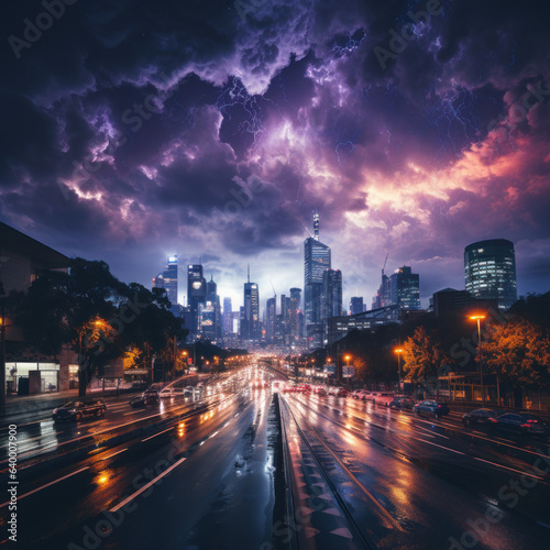  A stormy grey sky dark purple clouds skyscrapers 