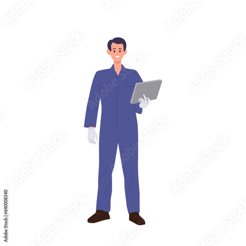 Automotive engineer character using digital mobile tablet doing car expertise isolated on white