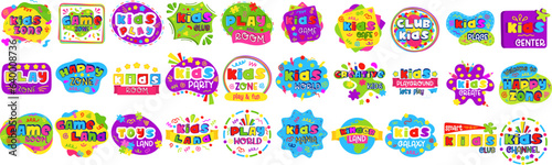Kids Zone logo. Game room logo, banners. Children zone, activity game. 