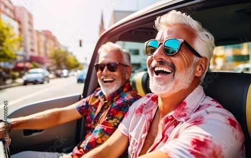 Older gay couple having fun together on vacation by traveling in a convertible