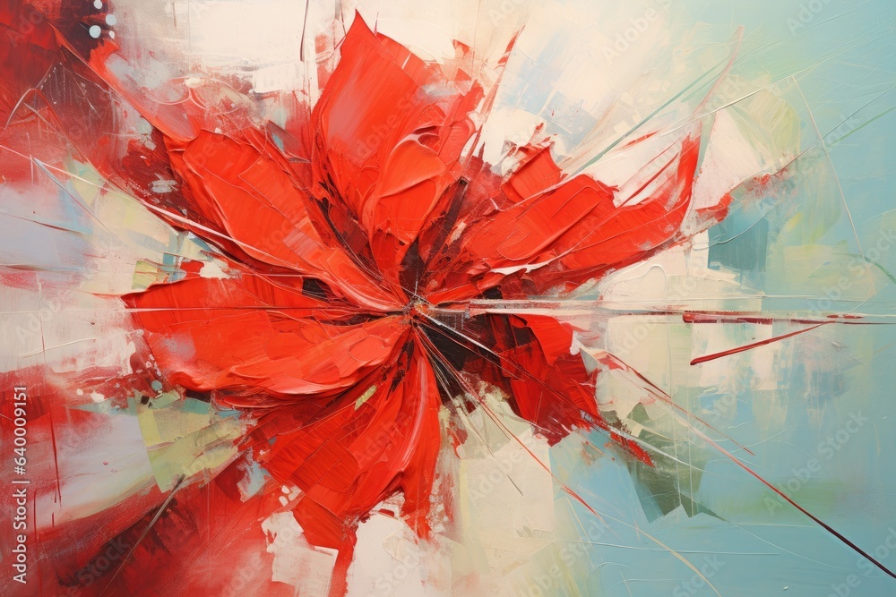 Red flower on abstract background. Oil painting style. Close-up. Abstract expressionist oil painting of a red flower with an abstract layout, AI Generated
