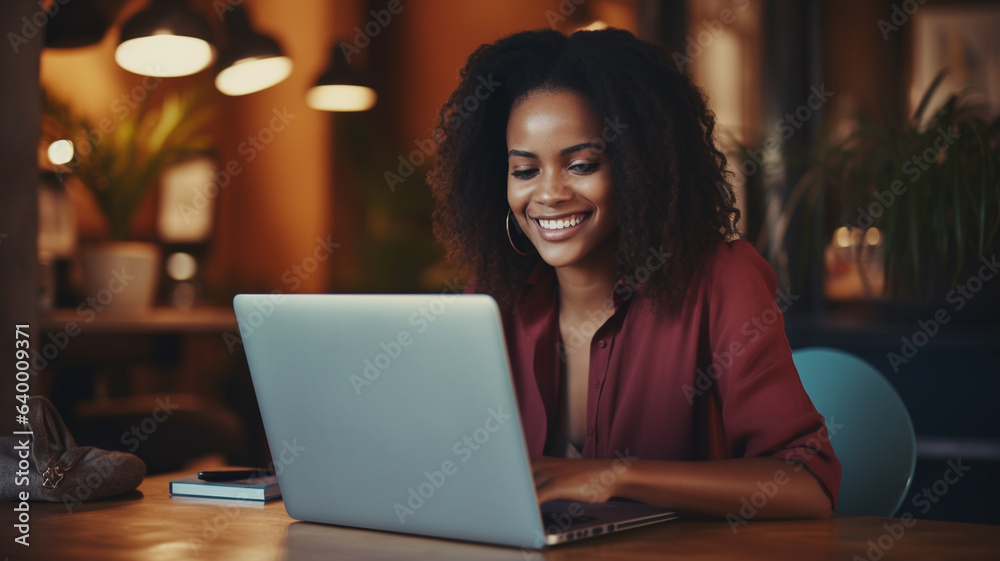 Dark skin young attractive woman behind laptop at home scrolling the internet or working Dark skin young attractive woman behind laptop at home scrolling the internet or working