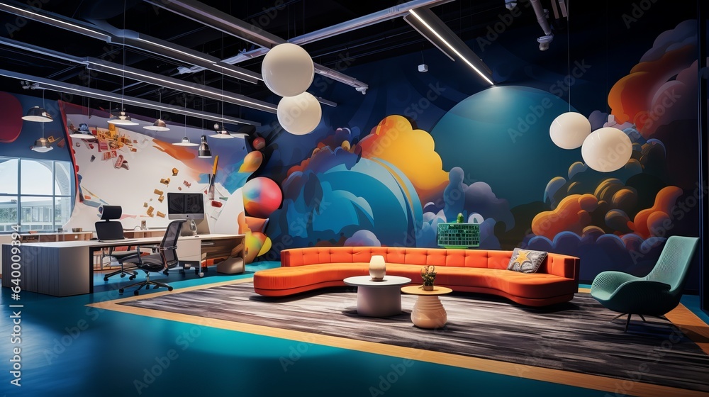 Colorful wall open space modern office interior with painting on walls
