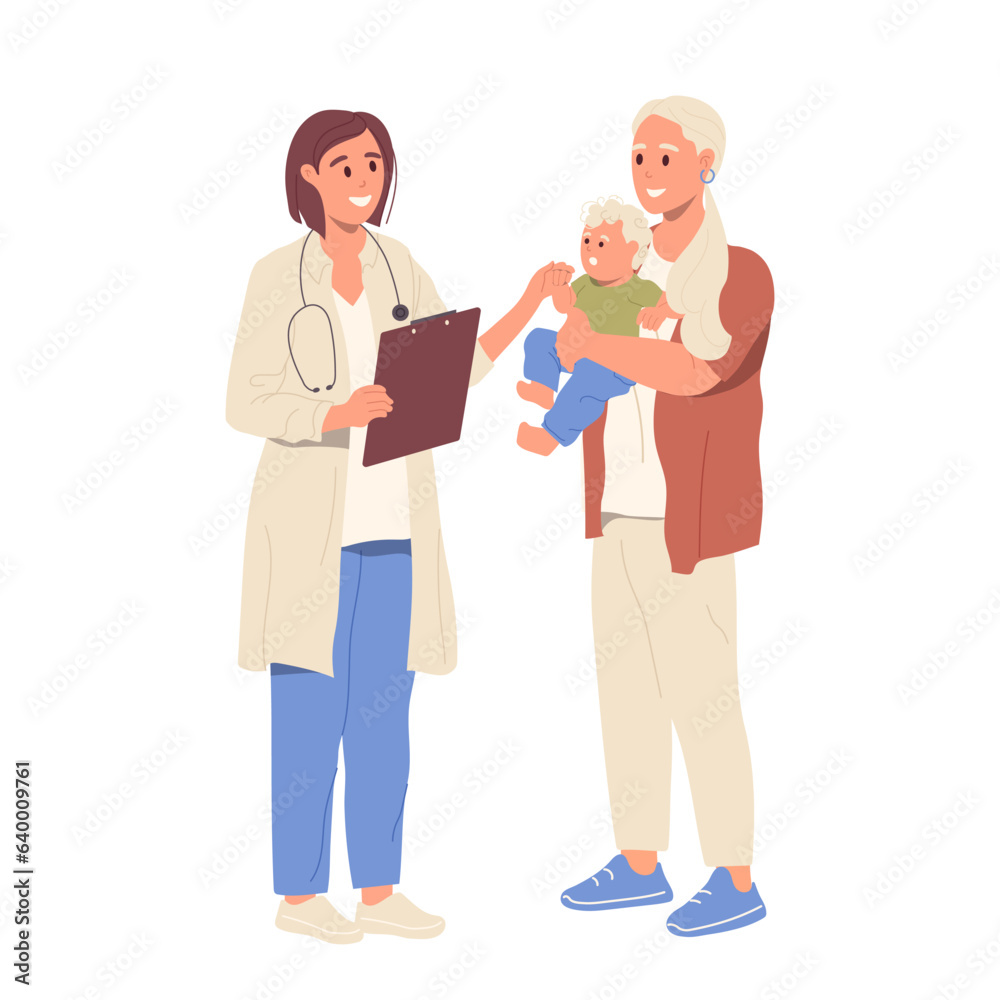 Friendly smiling pediatrician talking with mom holding baby patient in hands isolated on white