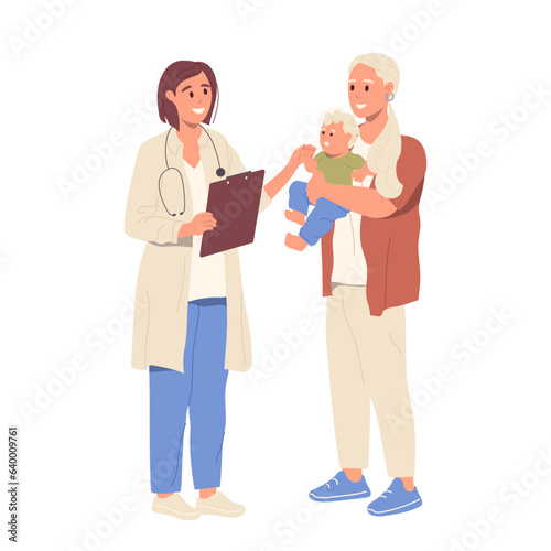 Friendly smiling pediatrician talking with mom holding baby patient in hands isolated on white