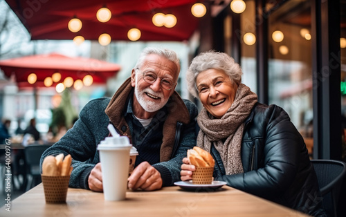 Couple of elderly seniors eat street food in a cafe and have fun