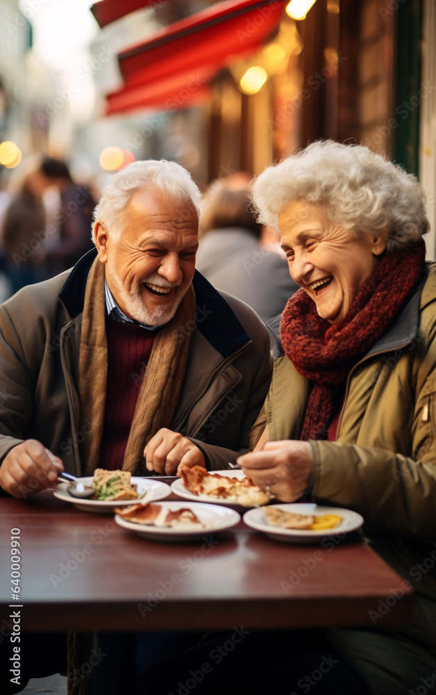 Couple of elderly seniors eat street food in a cafe and have fun Couple of elderly seniors eat street food in a cafe and have fun