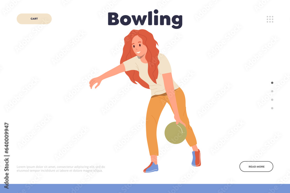 Bowling landing page design website template with young woman character playing throwing ball