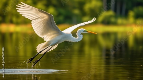 White egret in flight over water, in nature background  photo