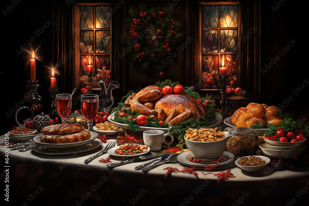 Joyful family gathering around the beautifully decorated Christmas dinner table