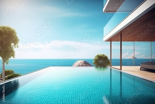 Modern luxury pool villa with sea view background. © GalleryGlider