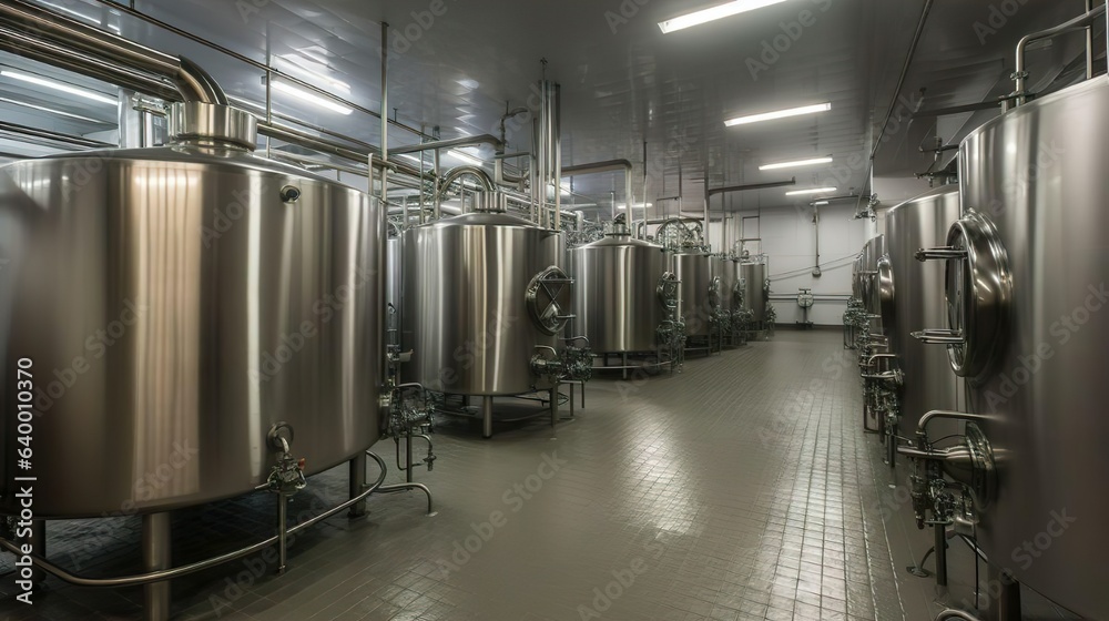 Modern milk cellar with stainless steel leg support tanks. Process of