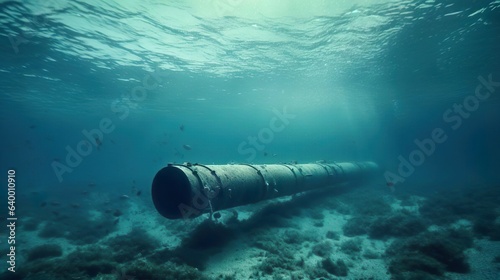 Natural gas pipeline is laid under water on the seabed. Gas pipes oil energy. Underwater view. Energy equipment. Fuel power technology. Gas industry. Energy resources.