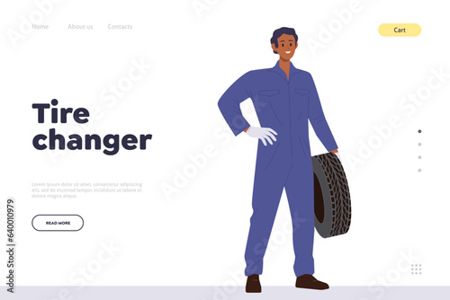 Tire changer design for landing page template offering professional car wheel fitting service