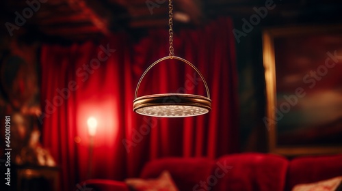 A hypnotists pendant dangling above a red bed