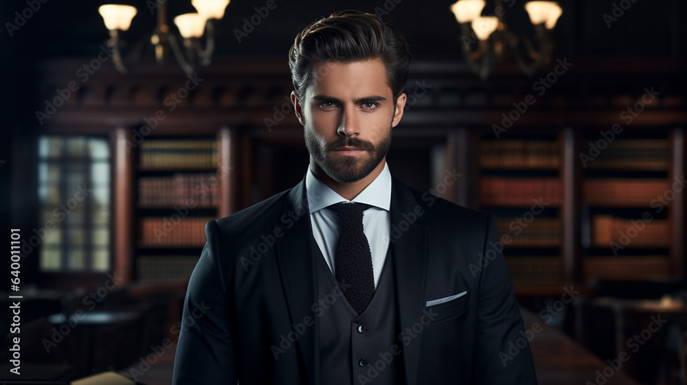 Handsome male lawyer wearing suit inside of courtroom, ready to defend client in our legal justice system Handsome male lawyer wearing suit inside of courtroom, ready to defend client in our legal justice system