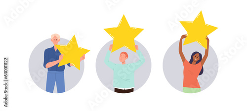 Isolated composition of happy satisfied client, customer or user people character hold rating star