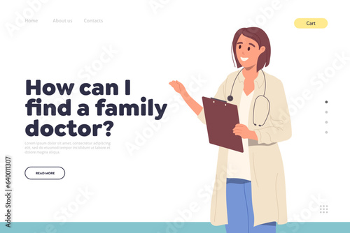 Landing page design template for online service giving information how find family doctor therapist