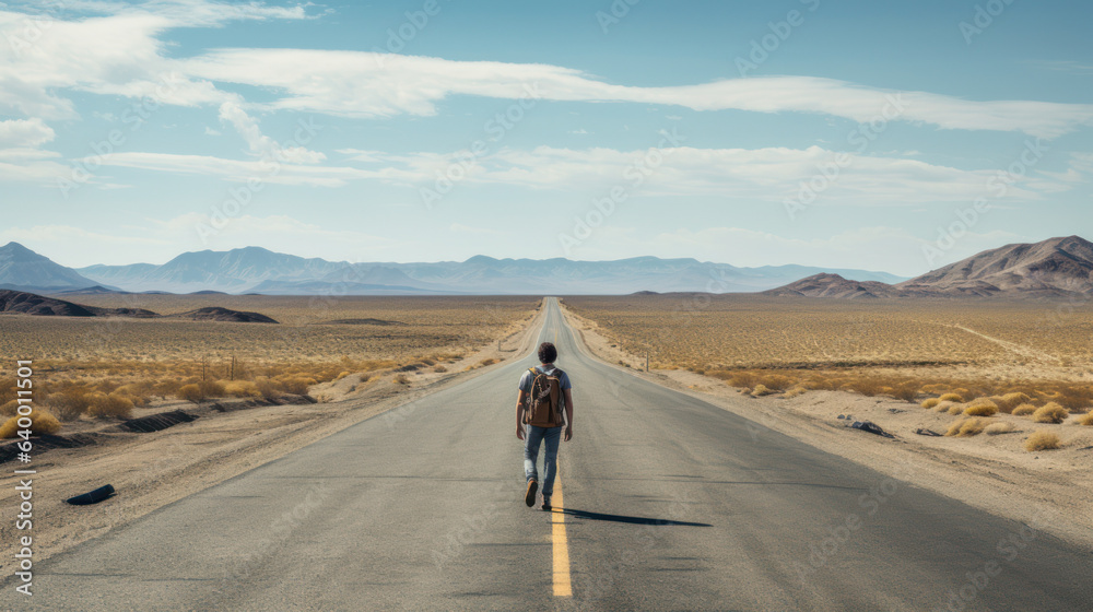 A person walking along an empty road in a desolate landscape A person walking along an empty road in a desolate landscape