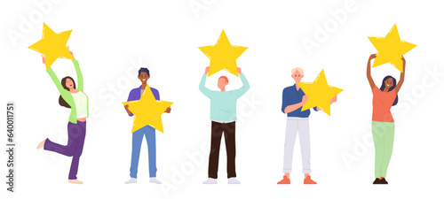 Isolated set of diverse people customers holding golden rating star giving positive feedback