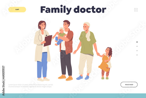 Family doctor online service landing page design template with parents and children at appointment © Iryna Petrenko