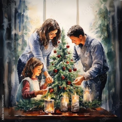 Mom, dad and daughter (family) decorate the Christmas tree