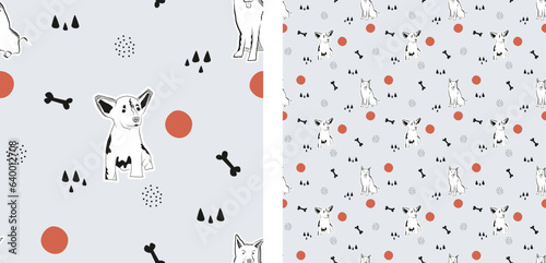Seamless abstract pattern, holiday texture with bones, cirles, mixed-breed dog in one color, line art style, white and black illustration. Dog stroke outline. Hand-drawn doodles, Simple dog graphic.