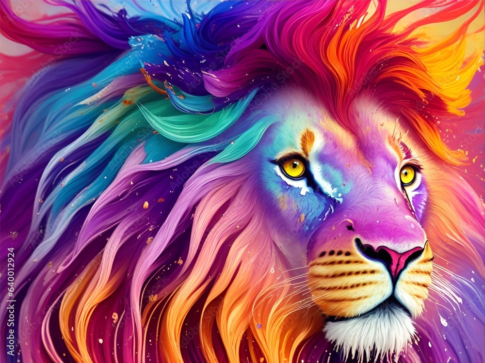 Lion with rainbow colored hair. AI generated illustration