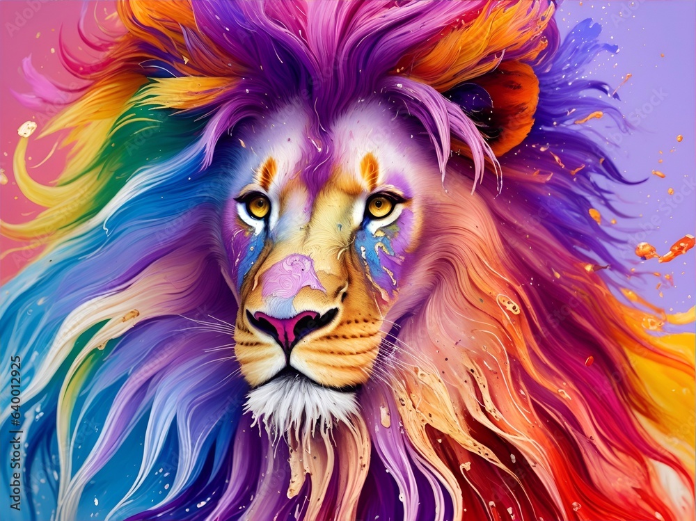 Lion with rainbow colored hair. AI generated illustration