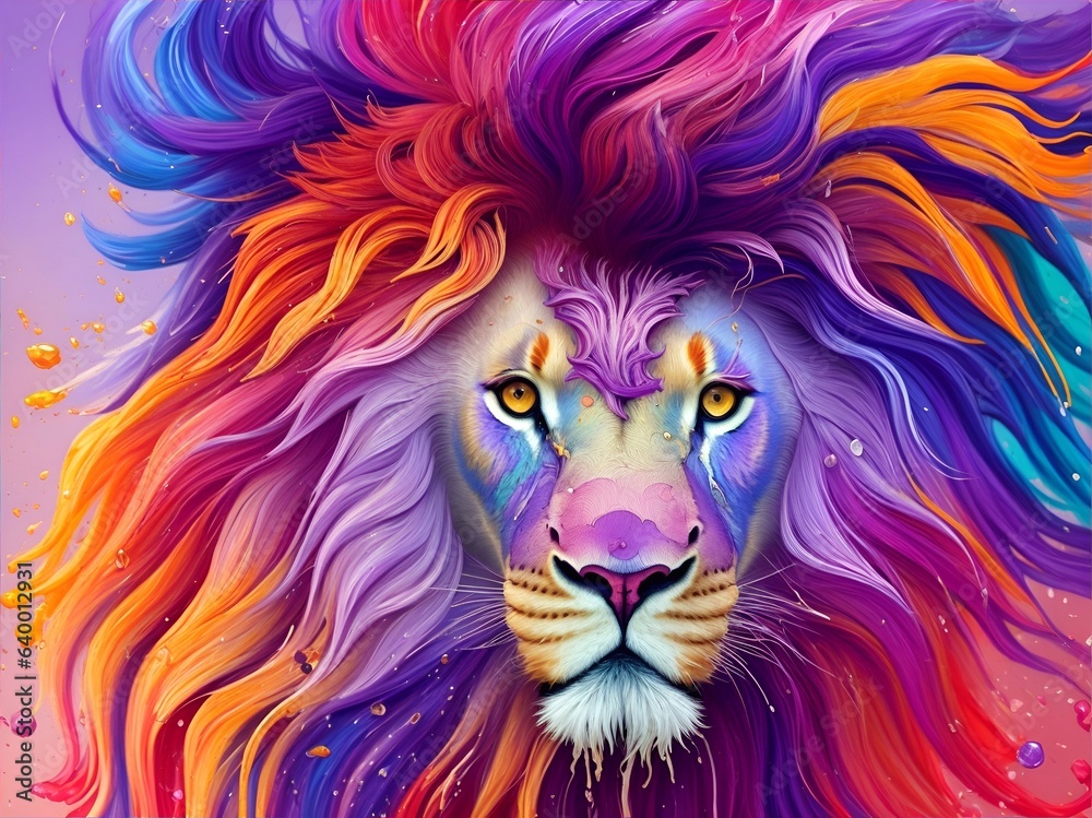 Lion with rainbow colored hair. AI generated illustration