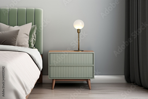 Bedroom interior with a stylish nightstand next to bed. Minimalist and elegant design.  photo