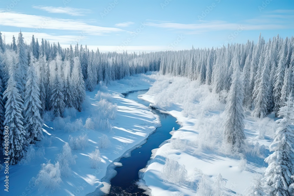  An aerial landscape of winter river in snowy forest