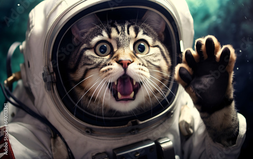 Surprised cat astronaut in a spacesuit in outer space, traveling in the universe concept