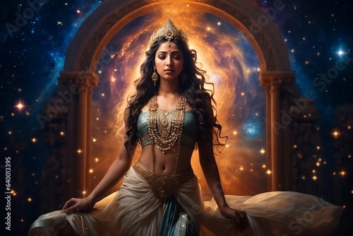 An exquisite depiction of ethereal elegance within a celestial realm. A figure, reminiscent of a goddess, assumes a regal stance, her hazel eyes reflecting the universe's enigmas.