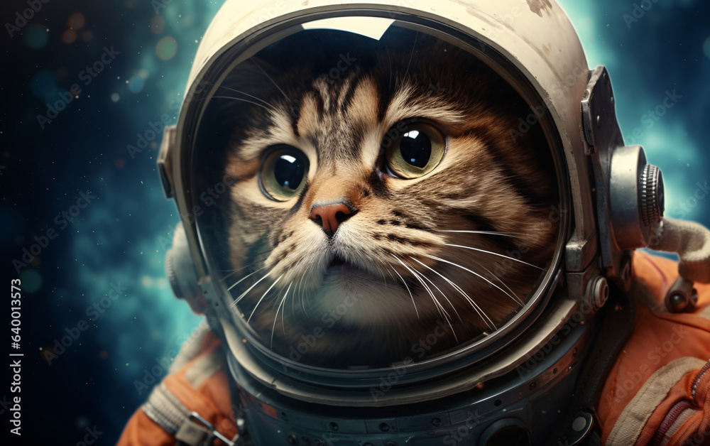 Portrait of a cat in a spacesuit, an unusual journey of a cat astronaut in the universe concept