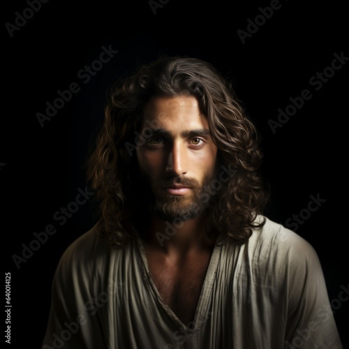Man with Long Hair and Brown Eyes Dressed as Jesus Christ in White Robe, Studio Portrait Style with Black Background